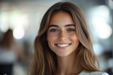 Obraz premium Portrait of a Young Woman with Long Brown Hair Smiling