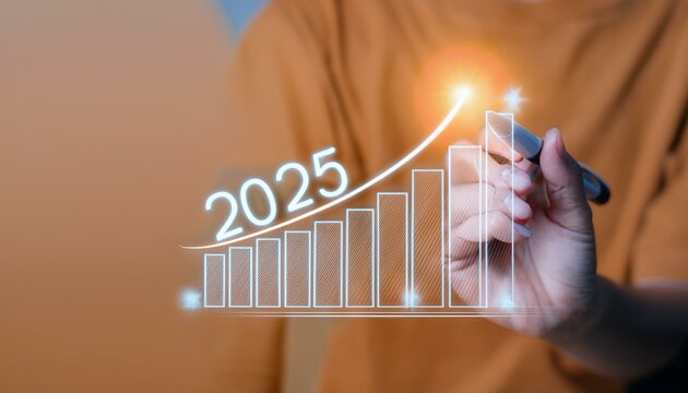 Development to success and motivation in 2025.Growth and development chart of company in new year 2025. Planning,opportunity, challenge and business strategy in new year 2025.background