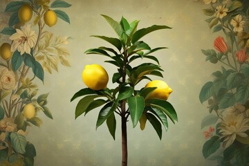 Lemon Tree Isolated on Classic Vintage Botanical Background