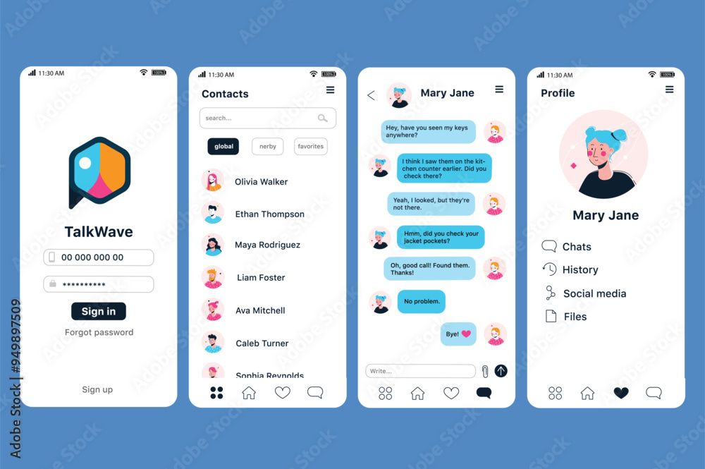 Poster chat app concept in flat design. this image shows the talkwave mobile app with user interface design