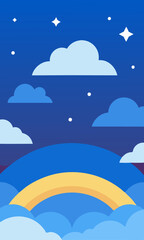 A beautiful rainbow fills the sky with clouds and stars