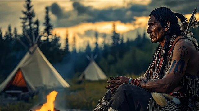 a native American man sitting near a fire in a village