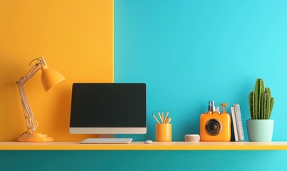 High-tech workspace, minimalist desk with advanced gadgets, 3D illustration