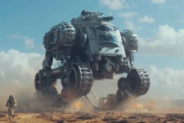 Fototapeta premium A massive, AI-controlled tank rolling into battle, AI generated