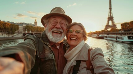 a happy elderly couple taking a selfie