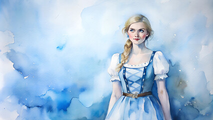 Watercolor illustration of a woman in a dirndl dress, symbolizing traditional Bavarian attire, featuring pale blue and white colors reflecting the Bavarian flag palette.