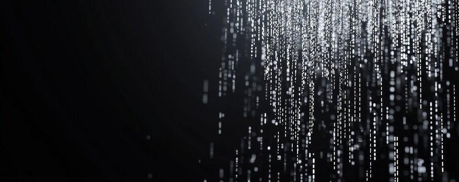 A stream of white binary matrix code cascading down a dark background, reminiscent of the iconic digital rain effect