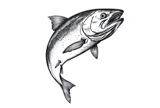 recommend clip art: Fish sketch salmon trout. Vintage retro print, black white salmon trout fish sketch ink pencil style drawing, linear drawing, engrave old school. Sketch artwork salmon trout fish. Illustration
