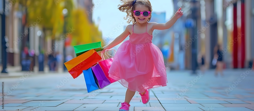 Poster Happy little girl in a pink dress and sunglasses, running with colorful shopping bags in a bright city street.