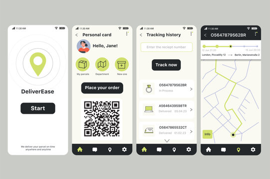 Delivery app concept in flat design. DeliverEase mobile app interface display with a personal card section with package management options and tracking history. Vector Illustration.