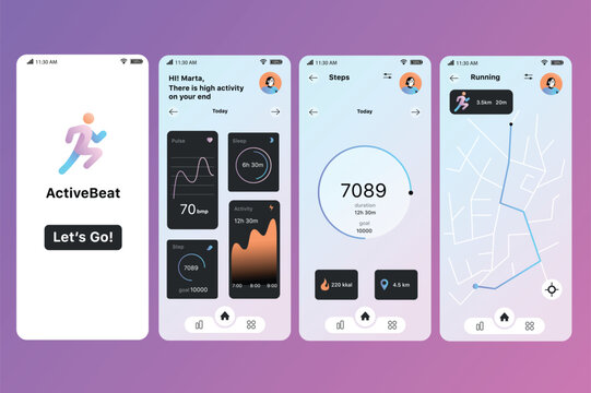 Activity tracking app concept in flat design. An in-depth look at the ActiveBeat fitness app, showing UI elements for tracking various fitness and health metrics. Vector Illustration.