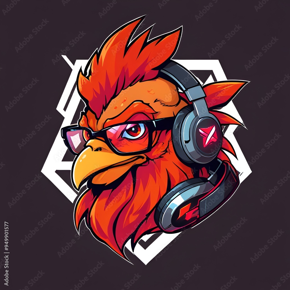 Poster rooster with headphones and glasses