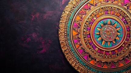 Obraz premium An ornate Indian mandala pattern featuring intricate designs in bright colors like gold, turquoise, and magenta. The mandala is detailed with geometric shapes and floral motifs, arranged in a