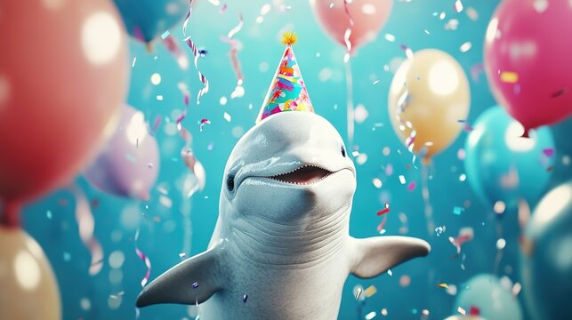 Happy Cute Animal Beluga Wearing a Clown Hat, Celebrating New Year Celebration or Fancy Birthday Party, Lots of Balloons with Shiny Ribbons.