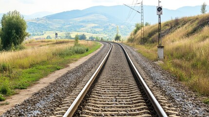 Obraz premium Aerial view captures old railway tracks making a sharp turn in the Romanian countryside, with a nearby road sign and a flat landscape of greenery in view