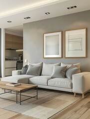Modern living room with sofa and kitchen connected home interior