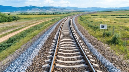 Fototapeta premium Aerial view captures old railway tracks making a sharp turn in the Romanian countryside, with a nearby road sign and a flat landscape of greenery in view
