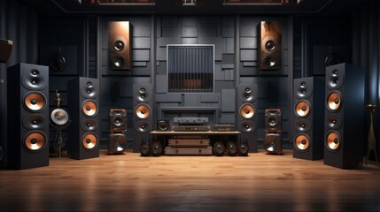Fototapeta premium Home audio loudspeakers isolated on black background. Warm loud sound. Neural network ai generated art