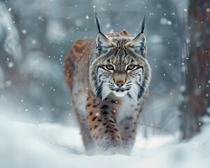 Obraz premium Stealthy Lynx Stalking Through Snowy Winter Woods Blending Perfectly With Surroundings
