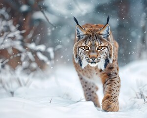 Fototapeta premium Stealthy Lynx Stalking Through Snowy Woods Blending Perfectly with Surroundings