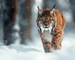 Obraz premium Stealthy Lynx Prowling Through Snowy Woods Blending Perfectly With Surroundings