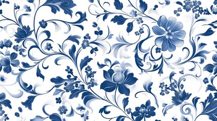 A detailed Chinese porcelain pattern featuring intricate floral and vine motifs in shades of blue on a white background. The design is delicate and symmetrical, with the patterns flowing naturally