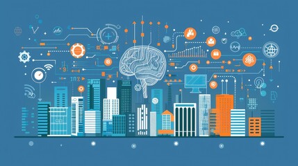 A cityscape with a brain in the center