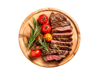 Grilled sliced Beef Steak with tomatoes and rosemary on a plate Isolated on transparent background top view
