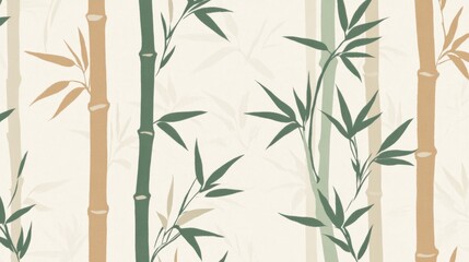 A Japanese-inspired bamboo pattern with simple, stylized bamboo stalks and leaves in shades of green and brown. The bamboo is depicted in a minimalist style, with clean, flowing lines that create a