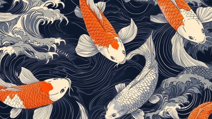 A Japanese-inspired koi fish pattern with vibrant orange and white fish swimming gracefully across a dark blue background. The koi are detailed with delicate scales and flowing fins, creating a sense