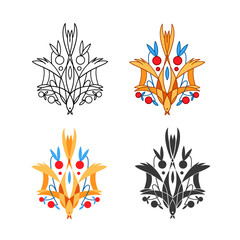 Fototapeta premium Stylized Ukrainian State Emblem Trident in line, colorful, monochrome styles.