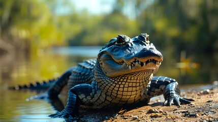 Fierce alligator basking on river bank in sunlight with copy space
