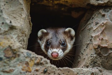 Fototapeta premium A ferret peeks out from beneath a wooden structure, embodying its playful spirit and natural curiosity, A playful ferret peeking out from a hiding spot, Ai generated