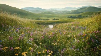 Obraz premium A lush, green meadow dotted with wildflowers in various colors. A gentle breeze rustles the tall grass, and a stream winds its way through the landscape. The background features rolling hills that