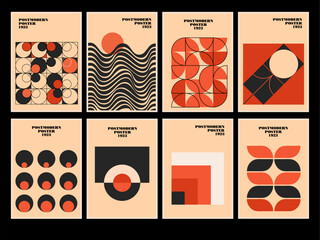 Set of 20s minimalistic geometric posters inspired postmodern of vector abstract dynamic symbols with bold geometric shapes, useful for web background, poster art design, hi-tech print, cover artwork