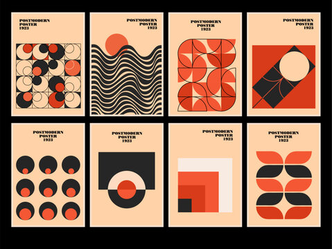 Set of 20s minimalistic geometric posters inspired postmodern of vector abstract dynamic symbols with bold geometric shapes, useful for web background, poster art design, hi-tech print, cover artwork