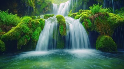 Obraz premium A peaceful waterfall cascading down moss-covered rocks into a crystal-clear pool below. Ferns and other lush greenery surround the waterfall, adding to the sense of natural beauty. The water is