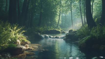 A calm forest stream with crystal-clear water flowing over smooth stones. The stream is surrounded by lush, green ferns and moss-covered rocks. The light filters through the trees, casting soft