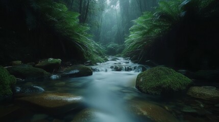 A calm forest stream with crystal-clear water flowing over smooth stones. The stream is surrounded by lush, green ferns and moss-covered rocks. The light filters through the trees, casting soft