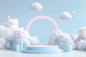 Abstract minimal scene with blue podium and white clouds. 3d render