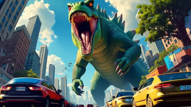 Colossal reptilian monster rampages through bustling metropolis. Tilted camera reveals beast's enormity against vibrant skyline.