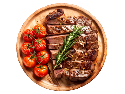 Grilled sliced Beef Steak with tomatoes and rosemary on a plate Isolated on transparent background top view
