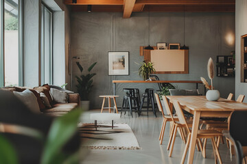 Beautiful modern interior with wooden elements and concrete walls, a concept of minimalist design and quiet luxury