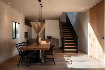 Beautiful modern interior with wooden elements and concrete walls, a concept of minimalist design and quiet luxury