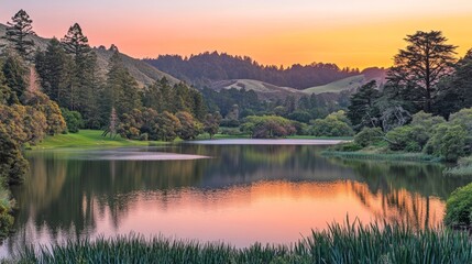 Fototapeta premium A serene lake at sunrise, with the first light of day casting a warm glow over the water. The lake is surrounded by tall trees and rolling hills, with the sky a soft gradient of pinks and oranges.