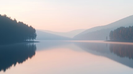 A serene lake at sunrise, with the first light of day casting a warm glow over the water. The lake is surrounded by tall trees and rolling hills, with the sky a soft gradient of pinks and oranges.