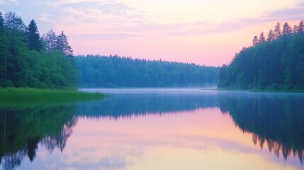 Fototapeta premium A serene lake at sunrise, with the first light of day casting a warm glow over the water. The lake is surrounded by tall trees and rolling hills, with the sky a soft gradient of pinks and oranges.
