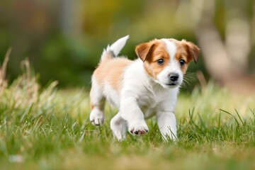 A small golden retriever puppy energetically runs on the road, capturing the essence of playfulness and innocence. A playful puppy chasing its tail, AI generated