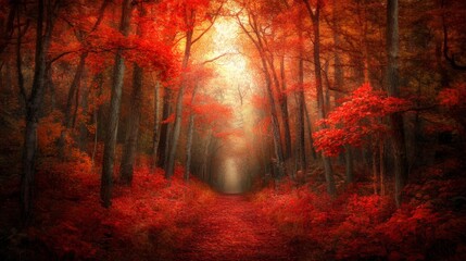 A serene forest scene with tall, ancient trees and a carpet of fallen leaves in shades of red, orange, and yellow. The light filters through the branches, casting dappled shadows on the forest floor.
