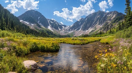 A serene mountain valley with a clear stream running through the center. The valley is surrounded by tall, snow-capped peaks, and the stream is lined with wildflowers and tall grass. The sky is a